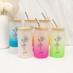 Birth Flower Drinking Cup Set with Bamboo Lid & Straw Customized Birthflower Iced Coffee Cups with Name Bachelorette Party Women's Day Gifts for Girlfriend Office 16oz Glass Water Bottle - Image 3