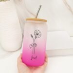 Birth Flower Drinking Cup Set with Bamboo Lid & Straw Customized Birthflower Iced Coffee Cups with Name Bachelorette Party Women's Day Gifts for Girlfriend Office 16oz Glass Water Bottle - Image 4