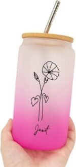 Birth Flower Drinking Cup Set with Bamboo Lid & Straw Customized Birthflower Iced Coffee Cups with Name Bachelorette Party Women's Day Gifts for Girlfriend Office 16oz Glass Water Bottle - Image 5