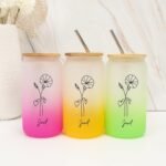 Birth Flower Drinking Cup Set with Bamboo Lid & Straw Customized Birthflower Iced Coffee Cups with Name Bachelorette Party Women's Day Gifts for Girlfriend Office 16oz Glass Water Bottle - Image 7