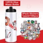 12 Pack Baseball Water Bottle Bulk with 300 PCS Stickers 20 oz Reusable BPA-Free Water Bottles for Boys Sports Squeeze Bottles Baseball Party Favors Gifts For Team - Image 3
