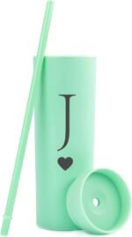 Letter J Personalized Initial Gifts for Women Men 16oz Double Wall Mint Plastic Skinny Tumbler Monogrammed Matte Slim Cup Wedding Graduation Birthday Gift (J) - Image 3