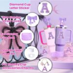 MOTEERLLU 6pcs Purple Stanley Cup Accessories Set,Bow Straw Cover for Stanley Cup 30oz 40oz, Including Straw Topper,Spill Proof Stopper,Sparkly Silicone Boot Set,Handle Charm,Initials Sticker (M) - Image 4