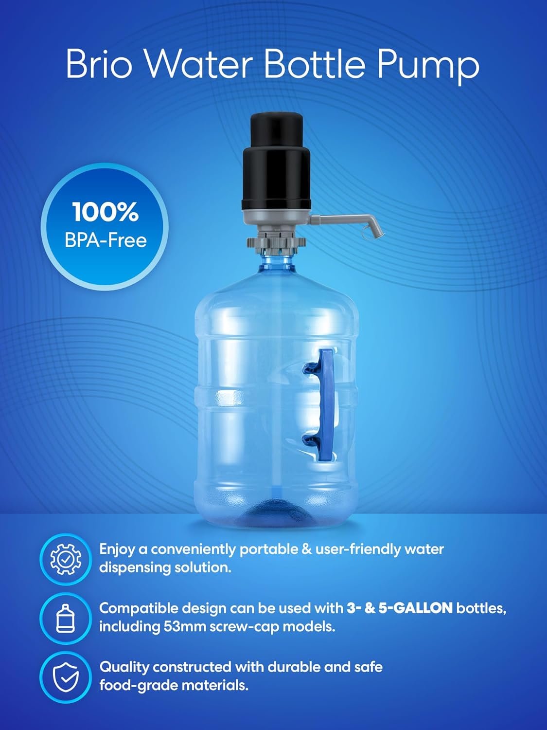 Brio Universal Water Bottle Pump | Manual Water Pump 1-5 Gallon Water Jug Dispenser for Camping Picnics and More! | 48mm & 55mm - (Multiple Color Options) - Image 3