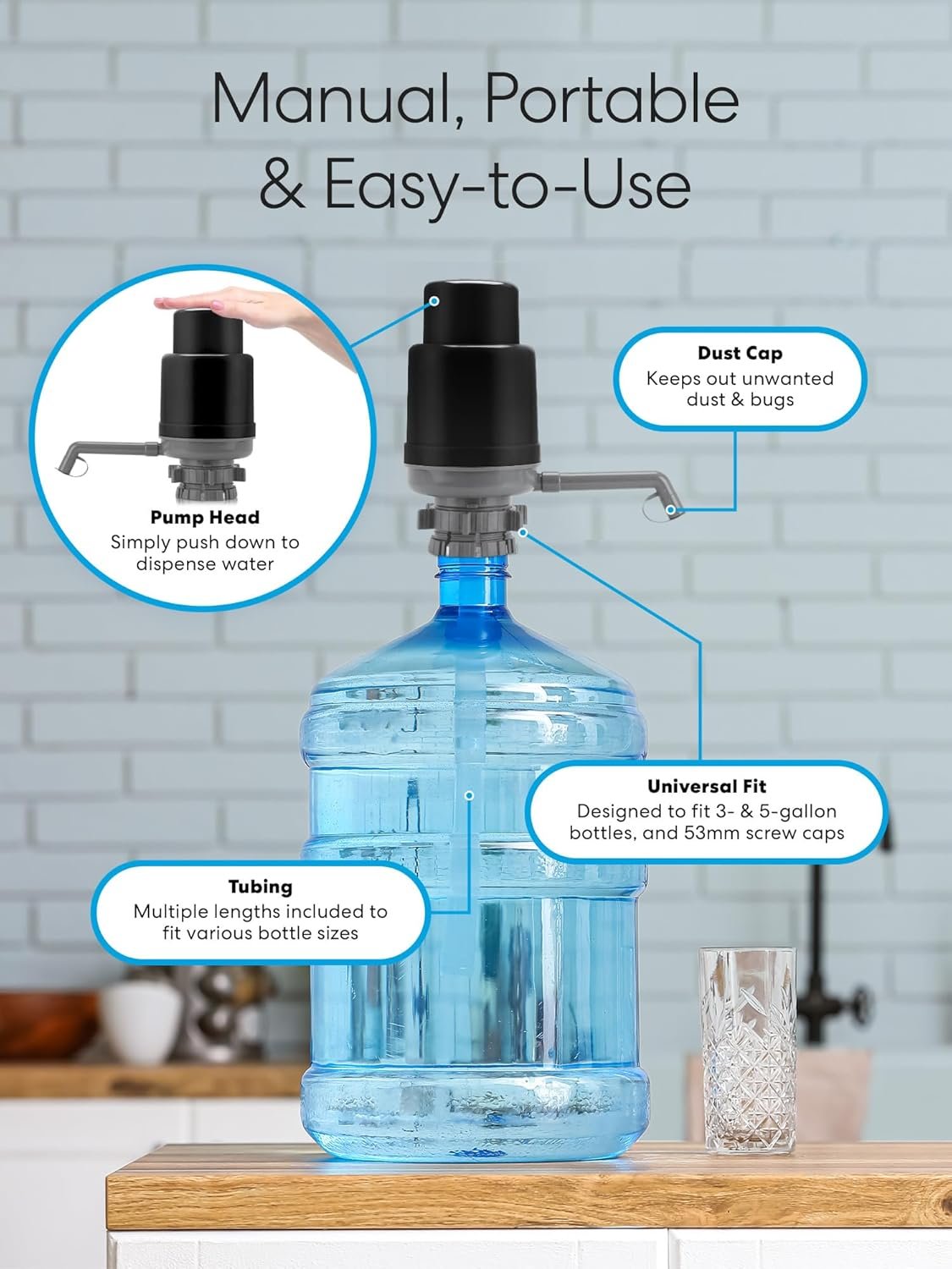 Brio Universal Water Bottle Pump | Manual Water Pump 1-5 Gallon Water Jug Dispenser for Camping Picnics and More! | 48mm & 55mm - (Multiple Color Options) - Image 4