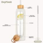 Glass Water Bottles 32 oz - Motivational Drinking Glass Water Bottle with Silicone Sleeve, Straw & 2 Bamboo Lids - 1 Liter Clear Borosilicate Daily Intake Tumbler with Time Marker - Cream - Image 3