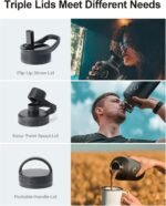 BUZIO 64 oz Water Bottle Insulated with Straw & 3 lid and Carrying Pouch, Leak Proof Half Gallon Stainless Steel Water Flask Jug, Cold for 48 Hrs Double Vacuum Thermo Canteen, BPA-Free, Black - Image 4