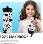 Cat Gifts for Kids - 16oz Black Cat Water Bottle with Straw Lid, Stainless Steel Insulated Bottle, Leak Proof, BPA-Free, for Boys, Girls, School - Black and White Cat Gifts Cats Lovers Gift Cup(1pc) - Image 5