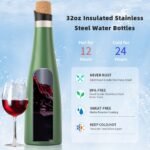 koodee Wine Bottle - 32 oz Insulated Stainless Steel Wine Bottle with Double Wall Vacuum Sealed Lids,for Wine Lovers Keeps Wine Cold for 24 Hours and Hot for 12 Hours (Dark Green,1000ml) - Image 3