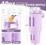 BLUEGO 40oz Glass Tumbler with Lid and Straw, Glass Water Bottles with Handle, Glass Cup with Time Marker and Silicone Sleeve, Fits Most Cup Holder, Leak-proof, Purple - Image 5