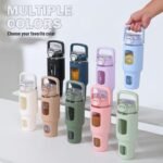 BLUEGO 40oz Glass Tumbler with Lid and Straw, Glass Water Bottles with Handle, Glass Cup with Time Marker and Silicone Sleeve, Fits Most Cup Holder, Leak-proof, Purple - Image 6