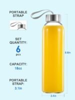 QCen 18oz Clear Glass Bottle for Juicing, Reusable Glass Water Bottles for Juicer Machine, with Stainless Steel Leak-Proof Lids, Wide Mouth Liquid Storage Containers, BPA Free, Set of 6 - Image 4