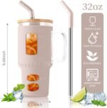 Glass Water Tumbler with Straw and Lid, 32 oz Water Bottle with Handle,Bamboo Lid & Stainless Steel Straw, Portable for Car Holder, Office, Outdoor, Gym - Image 3