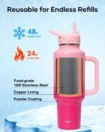 Trebo 40 oz Water Bottle Insulated with Handle, Leakproof Keep 24hrs Cold &Hot,Stainless Steel Travel Tumbler that Fits in Car Cup Holder with Straw Lids,Pink Reusable Water Bottles for women - Image 4