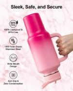 Trebo 40 oz Water Bottle Insulated with Handle, Leakproof Keep 24hrs Cold &Hot,Stainless Steel Travel Tumbler that Fits in Car Cup Holder with Straw Lids,Pink Reusable Water Bottles for women - Image 5