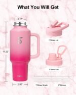 Trebo 40 oz Water Bottle Insulated with Handle, Leakproof Keep 24hrs Cold &Hot,Stainless Steel Travel Tumbler that Fits in Car Cup Holder with Straw Lids,Pink Reusable Water Bottles for women - Image 8