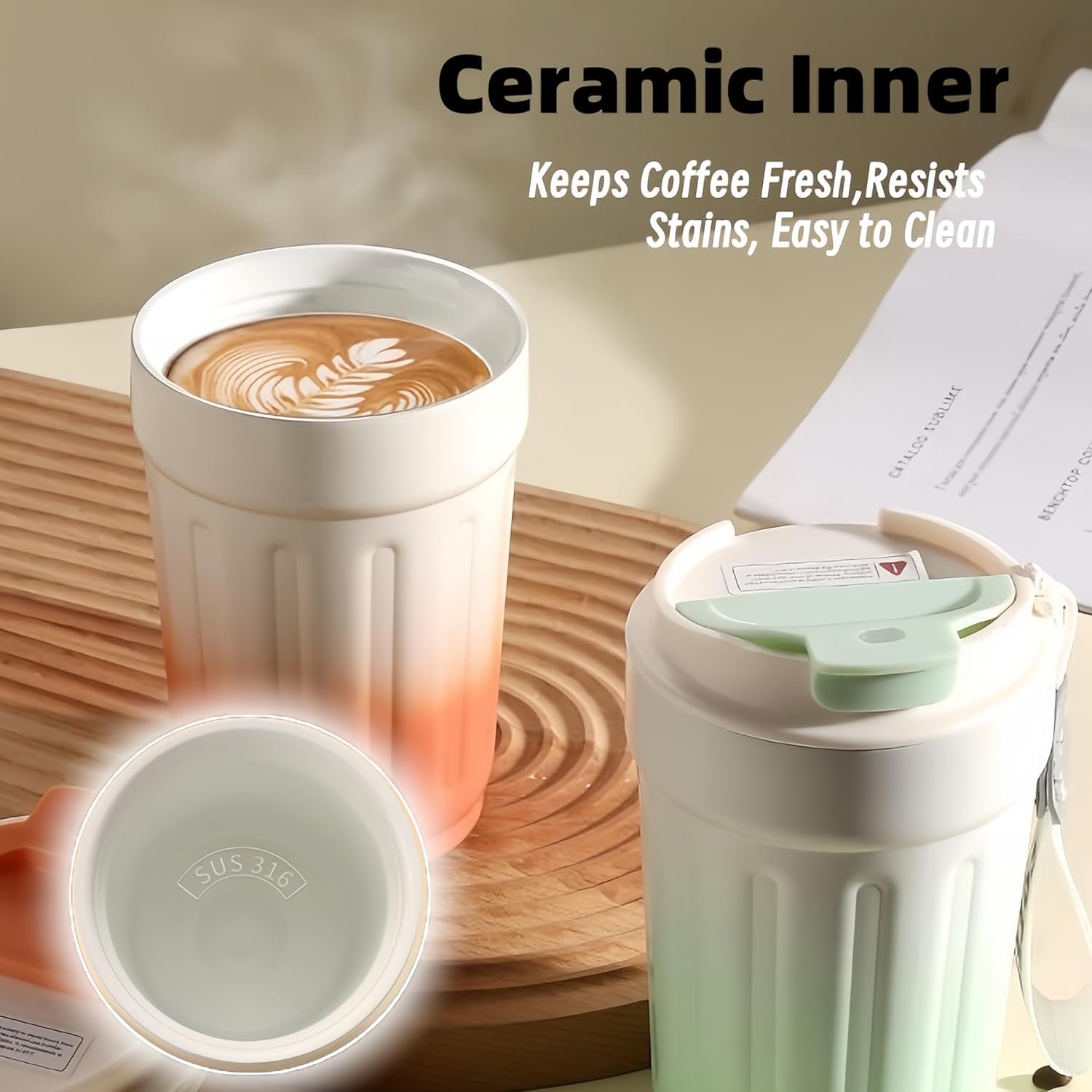 14oz Portable Vacuum - Insulated Coffee Mug with Ceramic Lining. Gradient Color. Carry - Cord. Leakproof. Easy to Clean. Good Heat Retention. For Coffee, Milk, Juice & Fruit Tea. (Pink) - Image 4