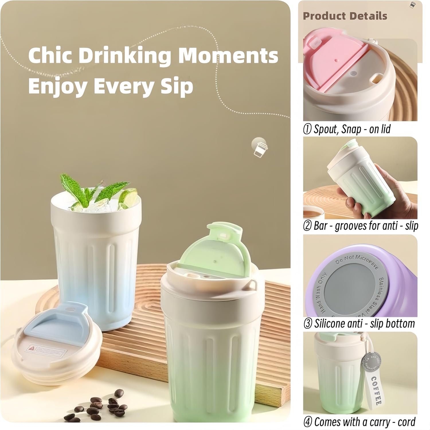 14oz Portable Vacuum - Insulated Coffee Mug with Ceramic Lining. Gradient Color. Carry - Cord. Leakproof. Easy to Clean. Good Heat Retention. For Coffee, Milk, Juice & Fruit Tea. (Pink) - Image 7