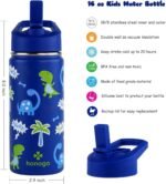 16 oz Stainless Steel Insulated Kids Water Bottle, Leak Proof Metal Thermal Flask with Straw lid, Cute Toddler Tumbler Cup for School Girls & Boys (Blue, Dino) - Image 3