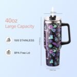 40oz Skull Flower Tumbler With Lid and Straw, 40oz Tumbler Wrap, Stainless Steel Insulated Tumbler for Water, Iced Tea or Coffee (Black Bat) - Image 4