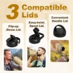 Half Gallon Water Bottle with Straw - 64 oz Stainless Steel Insulated Water Jug, Sport Bottle with 3 BPA Free Lids, Paracord Handle, Strap, Molle System for Outdoor Gym Hiking - Khaki - Image 4