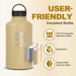 Half Gallon Water Bottle with Straw - 64 oz Stainless Steel Insulated Water Jug, Sport Bottle with 3 BPA Free Lids, Paracord Handle, Strap, Molle System for Outdoor Gym Hiking - Khaki - Image 5