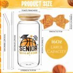 Hushee Class of 2026 Senior Night Gifts 16 oz Glass Water Bottle with Lids Straws Glitter Bow Straw Topper Senior 2026 Tumbler Graduation Gift for Her Women Team Coach Player (Basketball) - Image 4