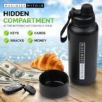 32oz Stainless Steel Water Bottle – Vacuum Insulated Triple Wall Sports Flask with Dual Lids (Straw & Spout) + Hidden Storage Compartment | Leakproof, Reusable, Black Travel Thermos - Image 6