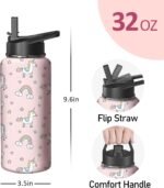 32oz Pink Unicorn Water Bottle with Handle and Flip Straw, Animal Sports Stainless Steel Insulated Cup Travel Coffee Mug Tumbler, Birthday Mothers Day Chritmas Gifts for Women - Image 3