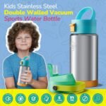 12oz Insulated Water Bottle with Straw, Kids Stainless Steel Double Walled Vacuum Sports Water Bottle with 2 Lids (Straw and Spout Lid) for Boys and Girls, School(Blue) - Image 3