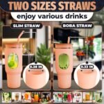 46 Oz Glass Tumbler with Lid – Large Peach Tumbler with Straw and Lid | Ergonomic Glass Water Bottle with Handle, 2 Straws, Silicone Sleeve, Dishwasher Safe, Easy Visibility | Valentine's Day Gift - Image 8