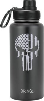 DRINCO Stainless Steel Water Bottle Spout Lid Vacuum Insulated Double Wall Water Bottle USA Flag Military Veteran (32oz Skull Black, 32oz) - Image 3