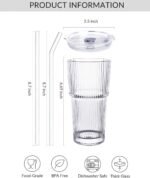 20 oz Glass Tumblers, Iced Coffee Cups with Lids and Glass Straws, Thickened Wall Ribbed Glass Cups, Ideal for Smoothies, Cocktails, and Juices – Vintage and Durable Drinkware – 1 Pack - Image 4