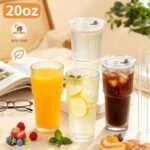 20 oz Glass Tumblers, Iced Coffee Cups with Lids and Glass Straws, Thickened Wall Ribbed Glass Cups, Ideal for Smoothies, Cocktails, and Juices – Vintage and Durable Drinkware – 1 Pack - Image 9