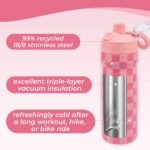 Magnetic Water Bottle with Straw 18 oz - Stainless Steel Insulated Tumbler for Gym & Bike (Fits Holders) - Leak Proof Pop-Up Lid, 2-in-1 Sip or Chug, Handle & Cute Pink Checkered Print - Image 5