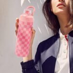 Magnetic Water Bottle with Straw 18 oz - Stainless Steel Insulated Tumbler for Gym & Bike (Fits Holders) - Leak Proof Pop-Up Lid, 2-in-1 Sip or Chug, Handle & Cute Pink Checkered Print - Image 6