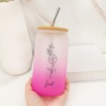 Frosted Coffee Cup with Bamboo Lid 16 Oz Birth Flower Glass Water Bottle with Name Cute Customized Anniversary Women Gifts Glass Coffee Cup for Iced Coffee New Year Mom Best Friend Gifts - Image 4