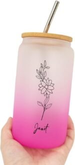 Frosted Coffee Cup with Bamboo Lid 16 Oz Birth Flower Glass Water Bottle with Name Cute Customized Anniversary Women Gifts Glass Coffee Cup for Iced Coffee New Year Mom Best Friend Gifts - Image 5