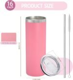 YOUKE OLA 16 Pack Stainless Steel Skinny Tumblers Bulk Straight Double Wall Powder Coated Insulated Tumbler with Lid and Straw for Laser Engrave, DIY Gift, 20oz Light Pink - Image 3
