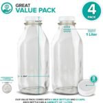 Stock Your Home Liter Glass Milk Bottle with Lid (4 Pack) 32 Oz Jugs and 8 White Caps, Reusable Food Grade Container for Refrigerator, Juice, Oat or Plant Milks, Water, Honey - Image 3