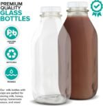 Stock Your Home Liter Glass Milk Bottle with Lid (4 Pack) 32 Oz Jugs and 8 White Caps, Reusable Food Grade Container for Refrigerator, Juice, Oat or Plant Milks, Water, Honey - Image 4