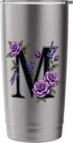 monogram initial name roses black letter M lavender flowers Stainless Steel Insulated Tumbler - Image 4