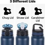 Oldley Insulated Water Bottle 20oz Water Bottles with Straw, Stainless Steel Water Bottle with 3 Lids, Double Wall Vacuum Bottles for Adult Kids, Sports Bottles for School Travel,Blue-black - Image 3