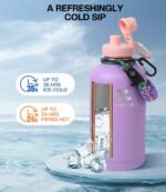 64 oz Insulated Water Bottle with Straw, Vacuum COLD for 36 Hrs, Non-BPA & Leak Proof, Half Gallon Stainless Steel Water Jug with Paracord Handle, Straw & Spout Lid, Lavender - Image 4