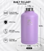 64 oz Insulated Water Bottle with Straw, Vacuum COLD for 36 Hrs, Non-BPA & Leak Proof, Half Gallon Stainless Steel Water Jug with Paracord Handle, Straw & Spout Lid, Lavender - Image 7