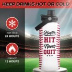 Baseball Water Bottle 32oz Hustle Hit Never Quit Stainless Steel Insulated Bottle for Men Women Sports Lovers Baseball Fans - Image 4