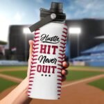 Baseball Water Bottle 32oz Hustle Hit Never Quit Stainless Steel Insulated Bottle for Men Women Sports Lovers Baseball Fans - Image 5