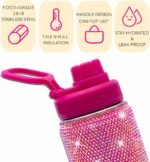 22oz Stainless Steel Bling Crystal Water Bottle Rhinestone Vacuum Insulated Bottle with Spout Lid Reusable Double-Wall Glitter Sport Bottle Gift for Women Girl (Hot Pink) - Image 4