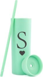 Letter S Personalized Initial Gifts for Women Men 16oz Double Wall Mint Plastic Skinny Tumbler Monogrammed Matte Slim Cup Wedding Graduation Birthday Gift (S) - Image 3
