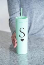 Letter S Personalized Initial Gifts for Women Men 16oz Double Wall Mint Plastic Skinny Tumbler Monogrammed Matte Slim Cup Wedding Graduation Birthday Gift (S) - Image 7